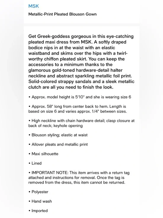 MSK Metallic-Print Pleated Blouson Gown - Picture 6 of 6